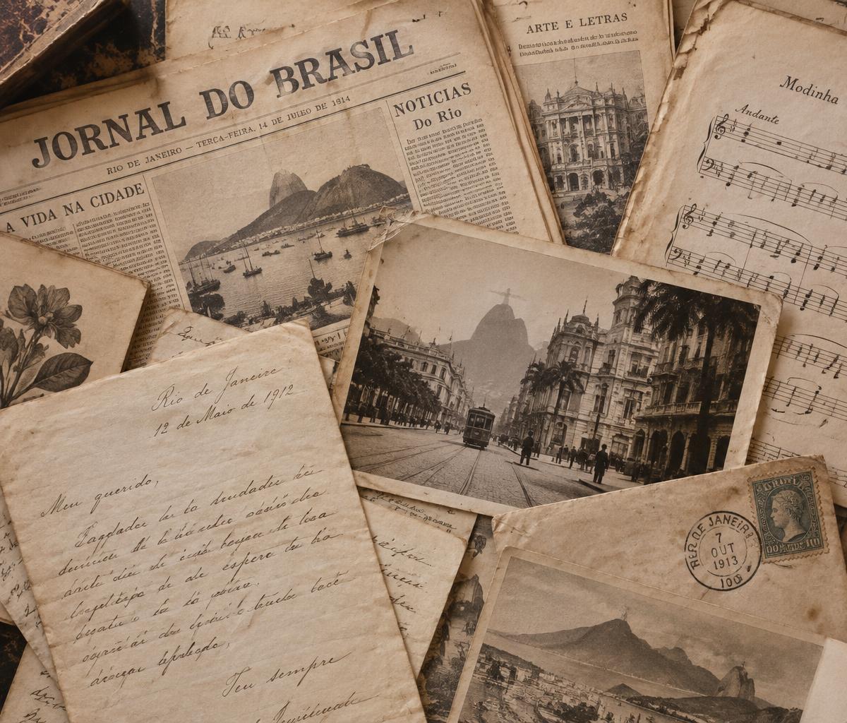 Composição ilustrativa de jornais, manuscritos e fotografias históricas