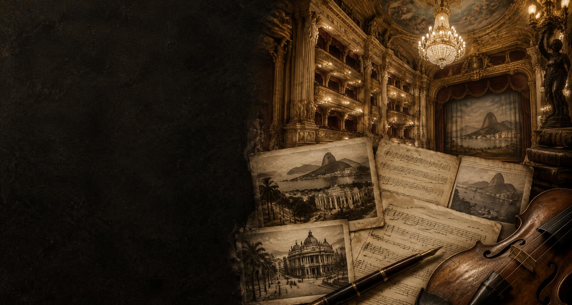 Composição de partituras, fotografias e arquitetura de um teatro histórico